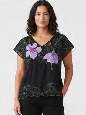 🧨🧨Phoenix Blouse with Purple Floral Design 100% Rayon VINTAGE Size M